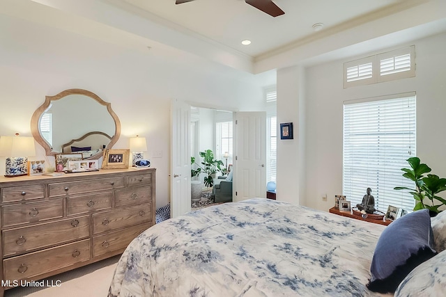 bedroom featuring a tray ceiling and ceiling fan