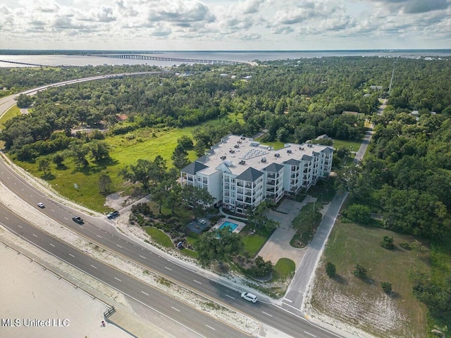 drone / aerial view featuring a water view