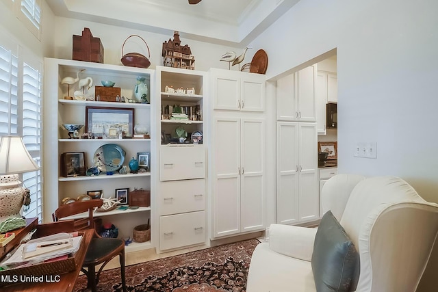 living area with ornamental molding