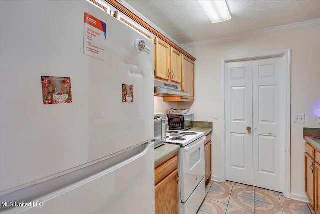 2120 Meagan Dr, Byram, MS 39272 - kitchen featuring white appliances, under cabinet range hood, crown molding, light countertops, and a textured ceiling