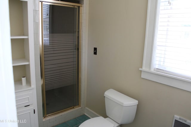 245 E College Ave, Holly Springs, MS 38635 - bathroom with a stall shower, toilet, heating unit, and tile patterned flooring