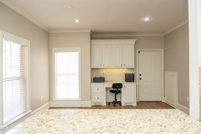 105 Bridgeton Way, Canton, MS 39046 - unfurnished office featuring ornamental molding, wood finished floors, built in study area, and recessed lighting