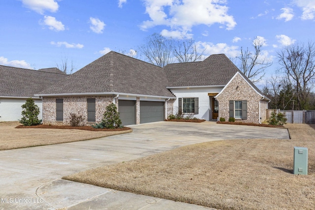 view of front facade featuring a garage, a shingled roof, brick siding, fence, and concrete driveway