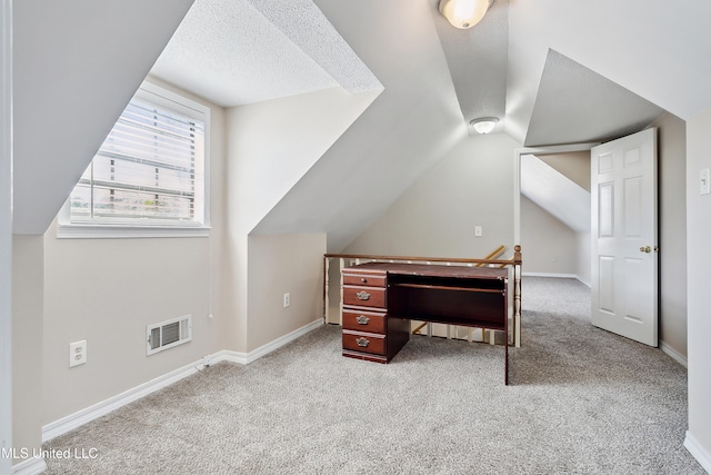 additional living space with carpet, a textured ceiling, and vaulted ceiling