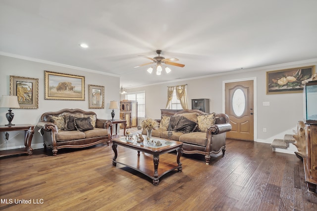 living room featuring ornamental molding, hardwood / wood-style floors, and ceiling fan