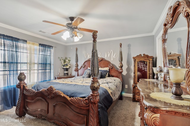 carpeted bedroom featuring ornamental molding and ceiling fan