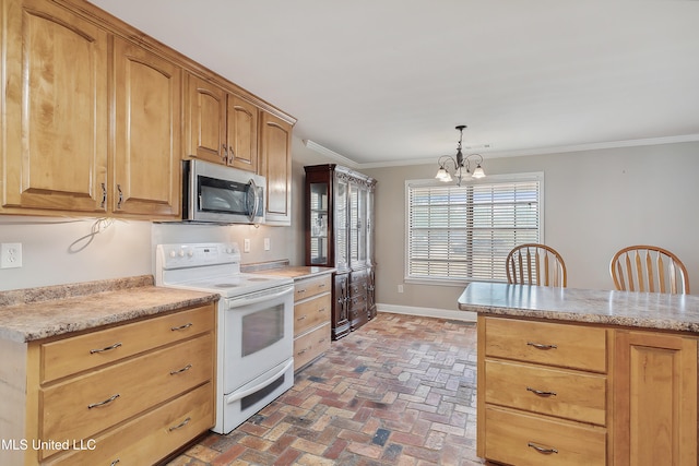 kitchen with light stone counters, electric stove, a chandelier, crown molding, and decorative light fixtures