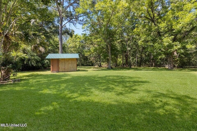 view of yard with a storage shed and an outdoor structure