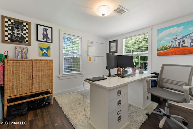 office area with dark wood-type flooring and a wealth of natural light