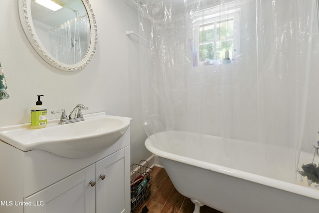 bathroom featuring vanity and hardwood / wood-style floors