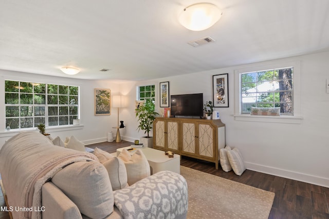 living room with dark hardwood / wood-style flooring