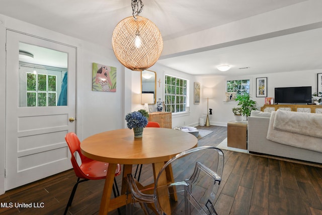 dining space featuring dark hardwood / wood-style floors and a wealth of natural light