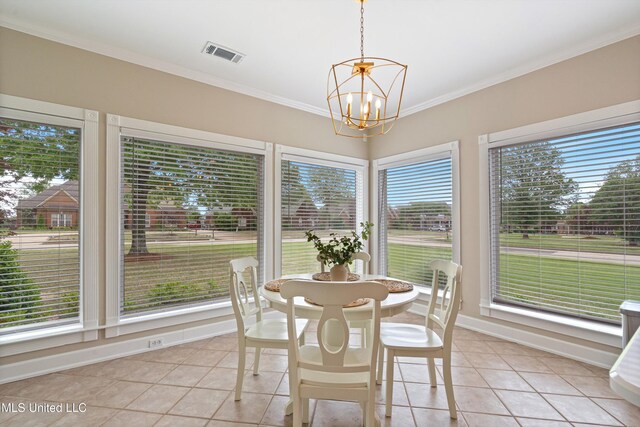 6507 Shenandoah Ln, Olive Branch, MS 38654 - sunroom with visible vents, ornamental molding, tile patterned floors, and a chandelier