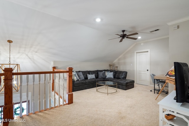6507 Shenandoah Ln, Olive Branch, MS 38654 - carpeted living area featuring ceiling fan, recessed lighting, lofted ceiling, visible vents, and ornamental molding