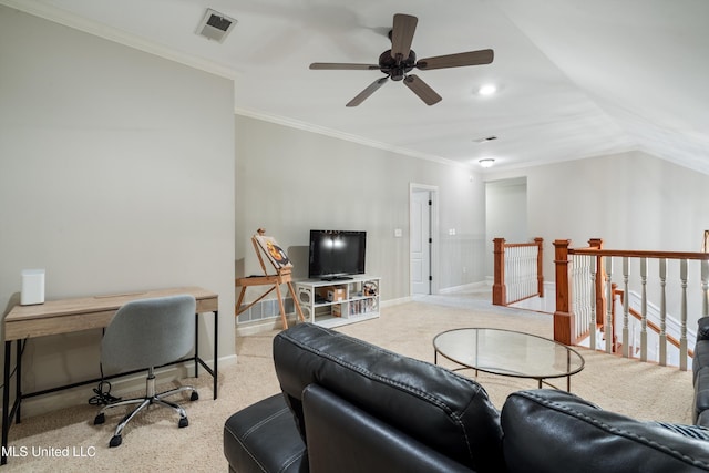 6507 Shenandoah Ln, Olive Branch, MS 38654 - living area featuring crown molding, carpet floors, a ceiling fan, and visible vents