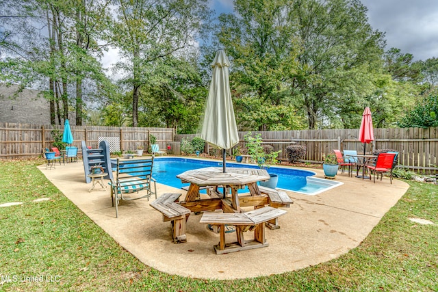 view of swimming pool featuring a patio and a yard