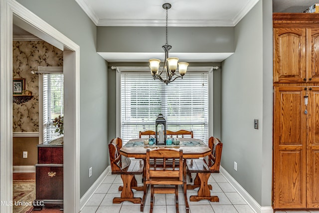 dining space featuring a chandelier, light tile patterned floors, and ornamental molding