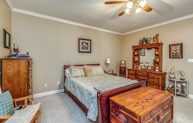 carpeted bedroom with ceiling fan and crown molding