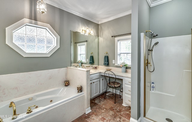 bathroom featuring vanity, plus walk in shower, and crown molding