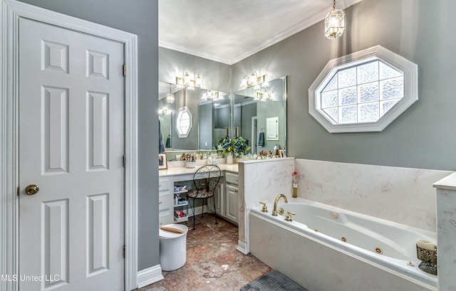 bathroom featuring ornamental molding, a washtub, and vanity