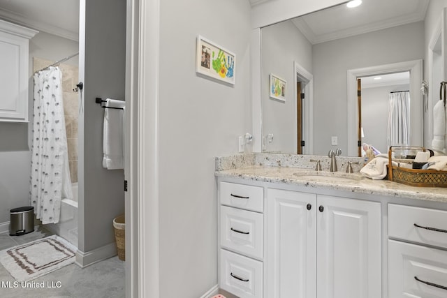 bathroom featuring baseboards, ornamental molding, shower / tub combo with curtain, vanity, and recessed lighting