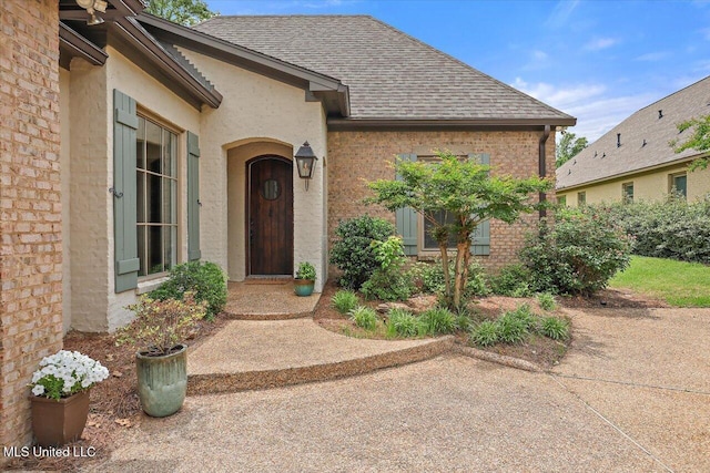 doorway to property with a shingled roof, brick siding, and stucco siding