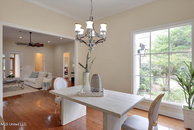 407 Belle Pointe Ln, Madison, MS 39110 - dining room with a chandelier, light wood finished floors, ornamental molding, a ceiling fan, and recessed lighting