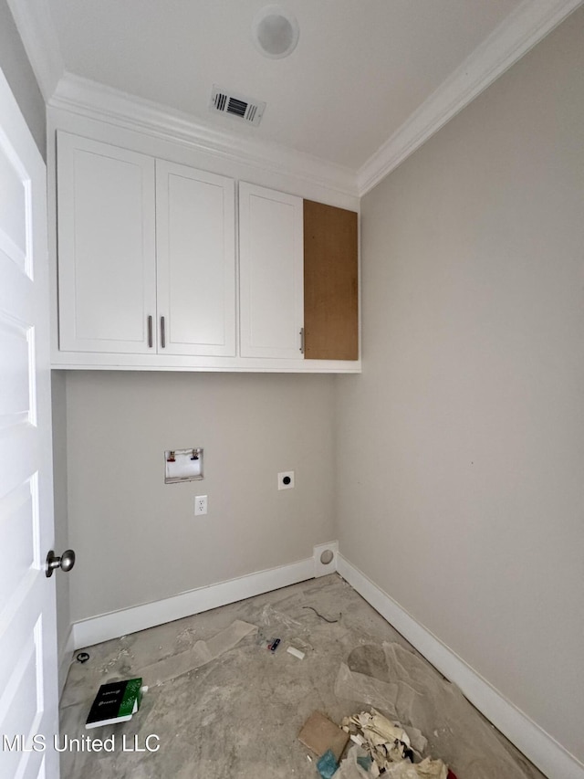 652 Prosperity Pl, Brandon, MS 39042 - washroom featuring ornamental molding, cabinet space, hookup for a washing machine, and hookup for an electric dryer