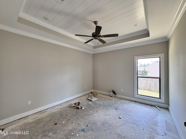 652 Prosperity Pl, Brandon, MS 39042 - empty room featuring a tray ceiling, crown molding, wood ceiling, and a ceiling fan