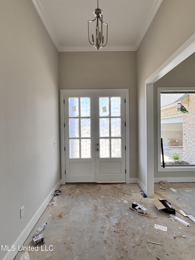 652 Prosperity Pl, Brandon, MS 39042 - doorway with french doors, crown molding, and a chandelier