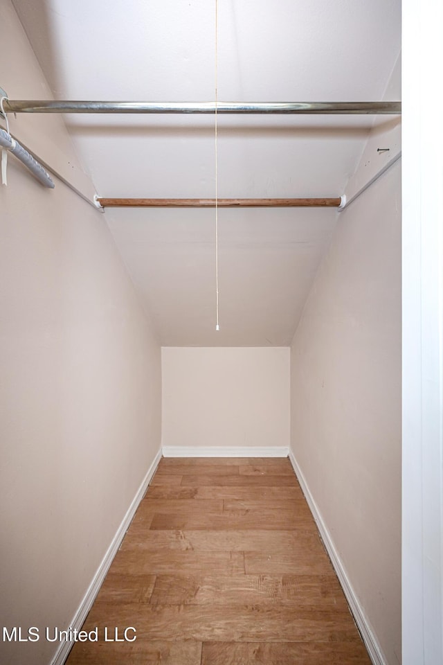 spacious closet featuring light wood-type flooring and vaulted ceiling