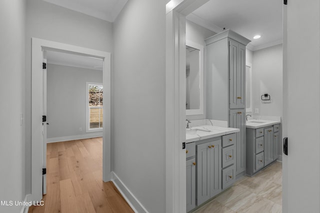 bathroom with baseboards, two vanities, a sink, and wood finished floors