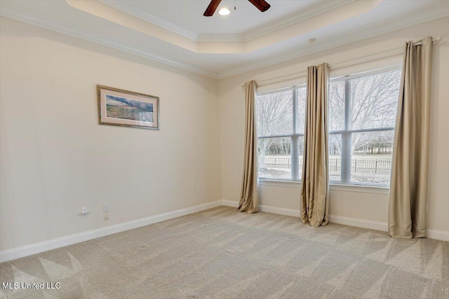 empty room with light colored carpet, a wealth of natural light, crown molding, and a raised ceiling