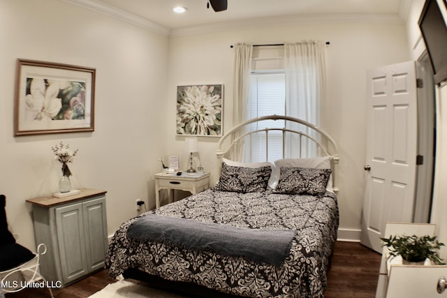 605 Magnolia St, Long Beach, MS 39560 - bedroom featuring dark wood-type flooring, crown molding, recessed lighting, and ceiling fan