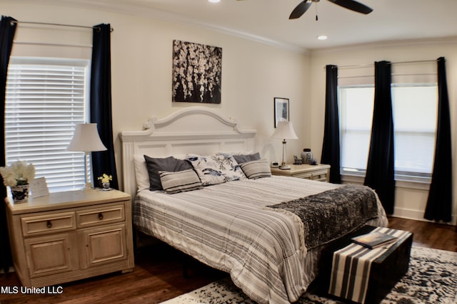 605 Magnolia St, Long Beach, MS 39560 - bedroom with dark wood finished floors, ornamental molding, recessed lighting, and a ceiling fan