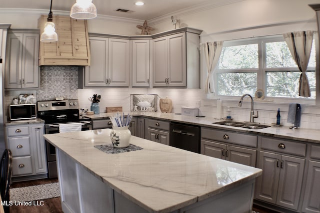 605 Magnolia St, Long Beach, MS 39560 - kitchen with gray cabinets, stainless steel range with electric cooktop, dishwasher, and ornamental molding