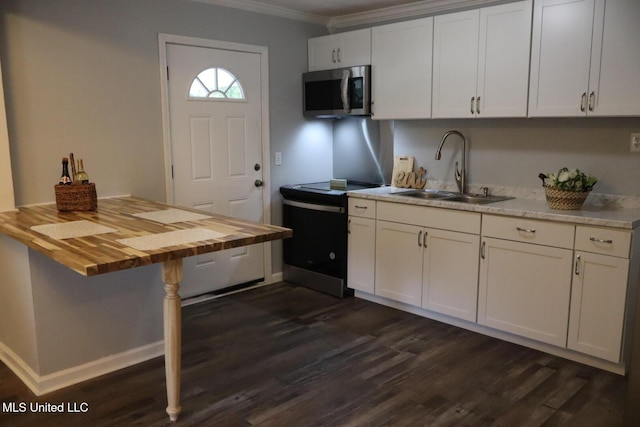 2411 14th St, Pascagoula, MS 39567 - kitchen with a sink, stainless steel microwave, wood counters, ornamental molding, and dark wood-type flooring