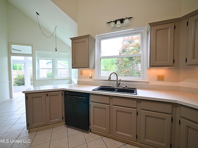 7869 Hilo Way, Diamondhead, MS 39525 - kitchen featuring black dishwasher, a sink, gray cabinetry, and high vaulted ceiling