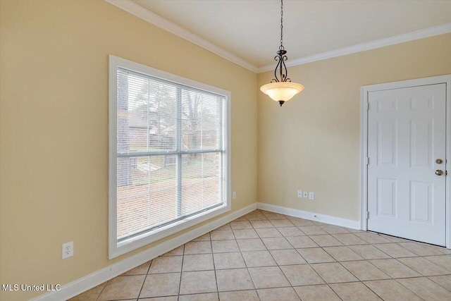 unfurnished dining area with ornamental molding and light tile patterned flooring