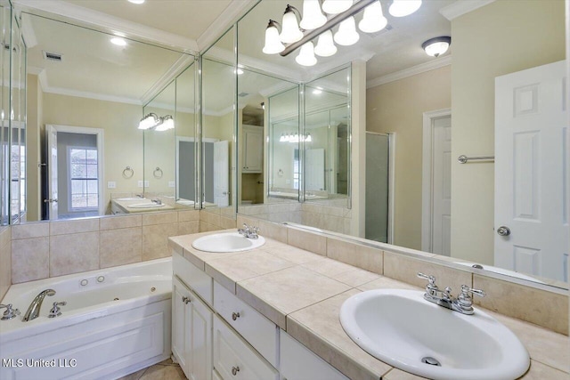 bathroom with crown molding, vanity, and plus walk in shower