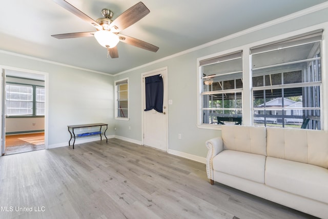 interior space with light hardwood / wood-style flooring, ceiling fan, and crown molding