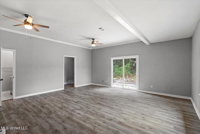 unfurnished room with beamed ceiling, wood-type flooring, and ornamental molding