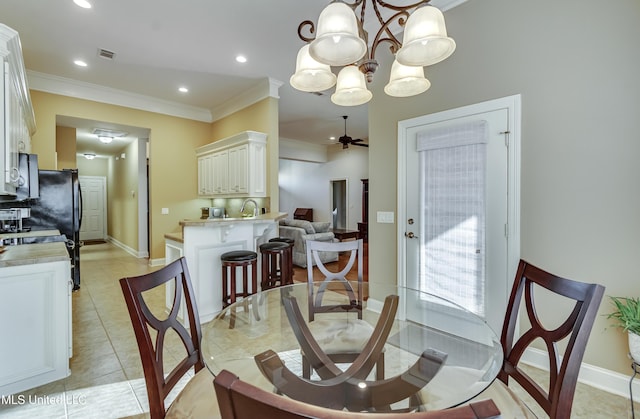 dining area with ceiling fan, visible vents, crown molding, and recessed lighting