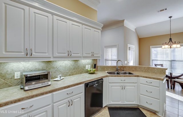 kitchen featuring black dishwasher, visible vents, white cabinetry, a sink, and a peninsula