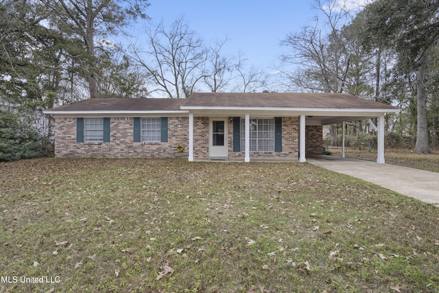 ranch-style house featuring a carport, a front yard, and covered porch