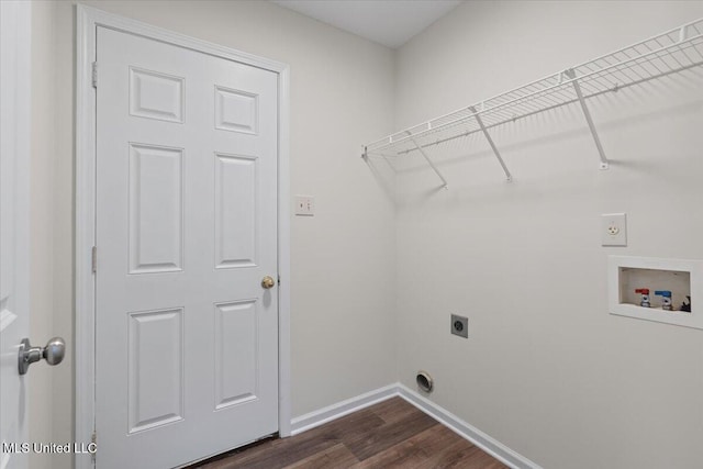 clothes washing area with baseboards, laundry area, hookup for a washing machine, hookup for an electric dryer, and dark wood-style flooring