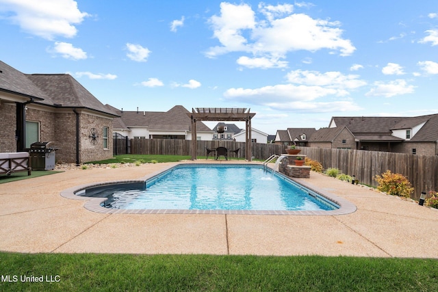 view of swimming pool with a patio, a pergola, a grill, and a fenced backyard