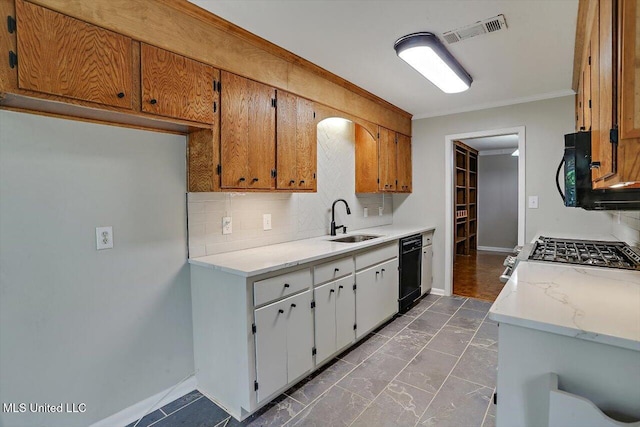 kitchen featuring ornamental molding, decorative backsplash, black appliances, and sink