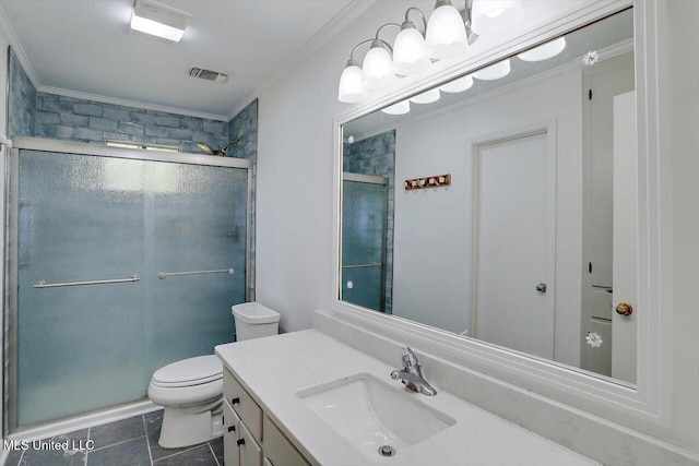 bathroom featuring toilet, a shower with shower door, ornamental molding, and vanity