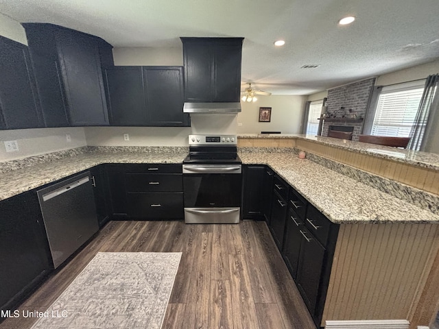kitchen with dark wood-type flooring, dark cabinetry, stainless steel appliances, and a fireplace